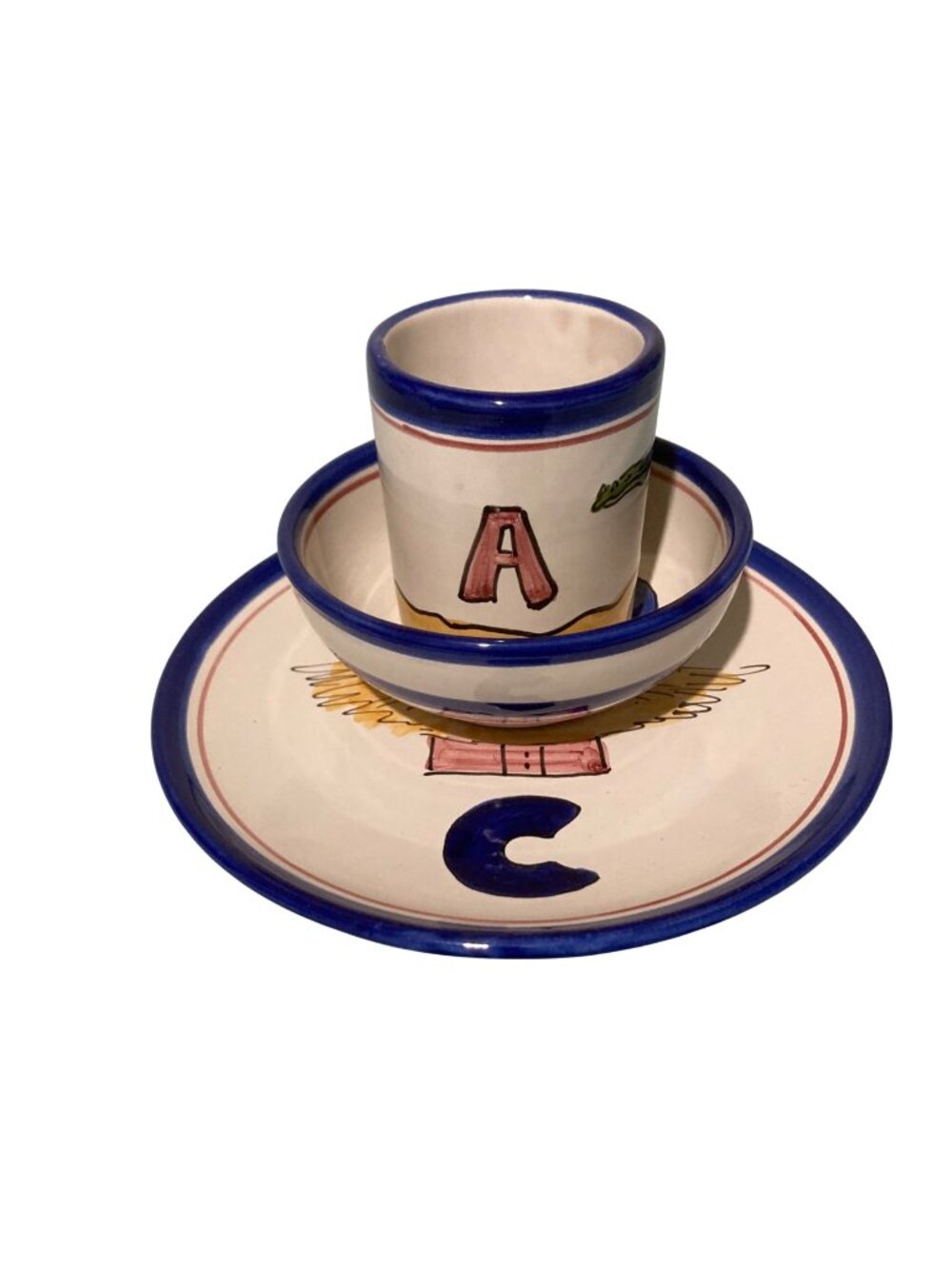 Vintage Vietri Italian Pottery Childs 3pc Dinner Set ABC Alligator Ball Cat